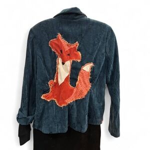 Women's Blue velvet/chenille/tapestry blazer with quilted fox L (L5)